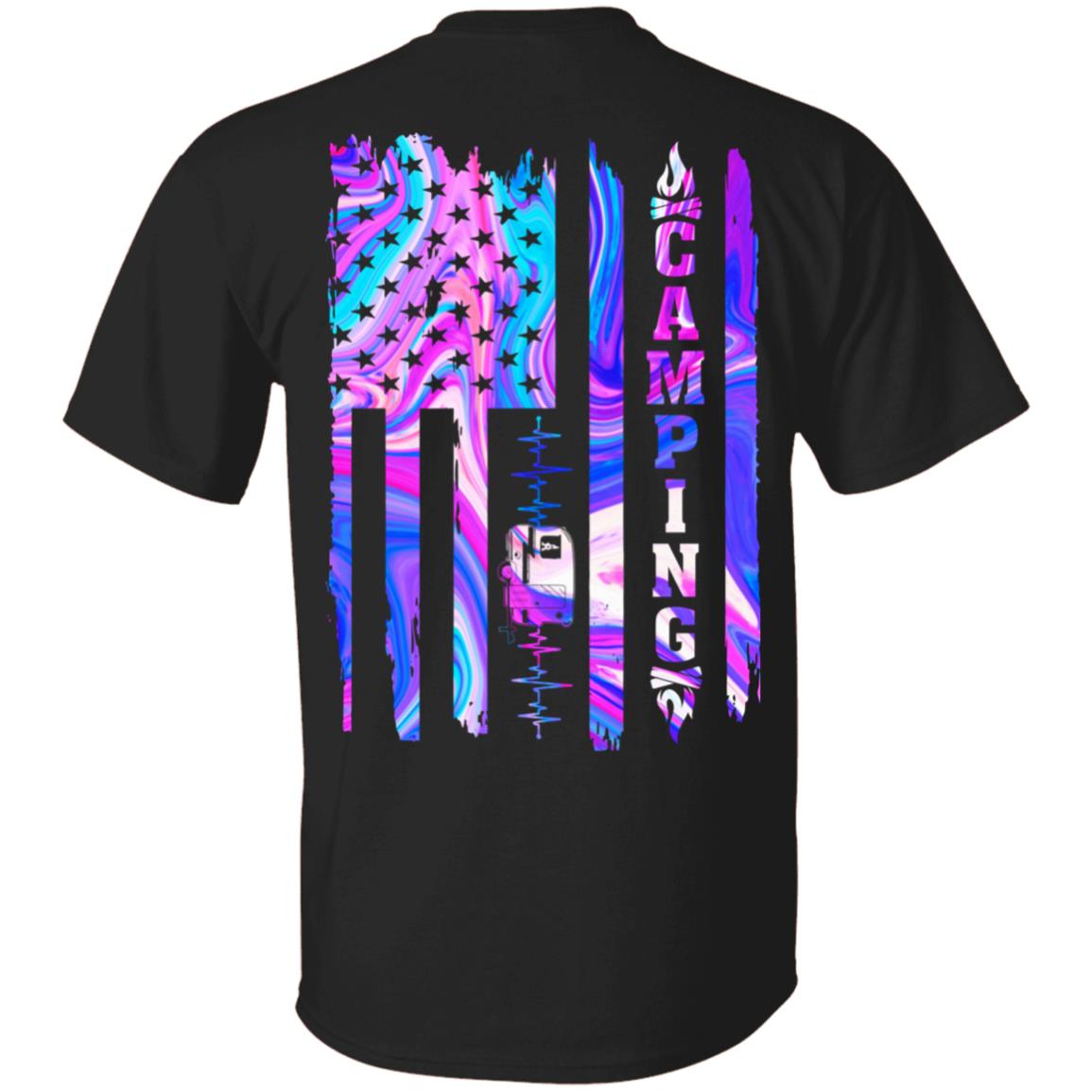 Heartbeat Camping American Flag Print On Back T-Shirt, Black, Unisex T-Shirt