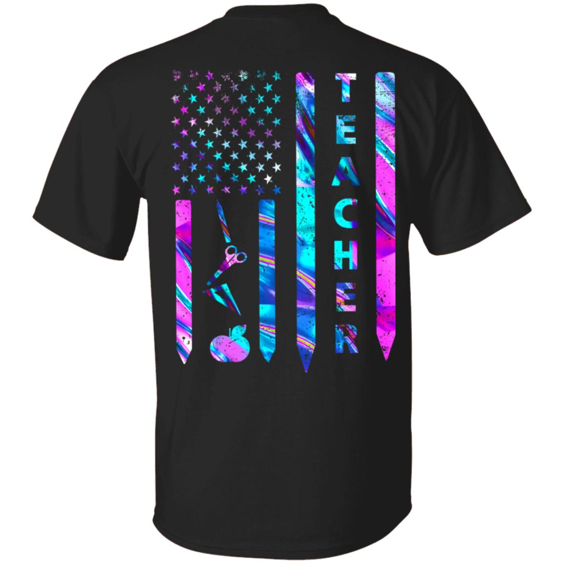 Teacher American Flag Print On Back Only - Plain Front T-Shirt - Funny Teacher Gifts, Black, Unisex T-Shirt