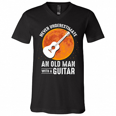 Hot Sun Never Underestimate An Old Man With A Guitar T-Shirt - Funny Guitar Lover Shirt, Black, V-Neck T-Shirt