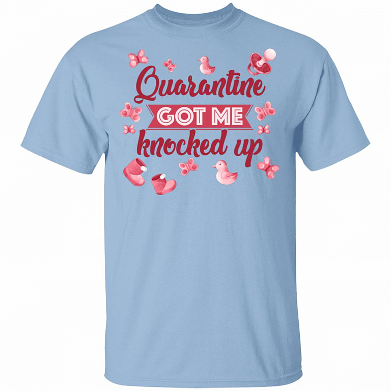 Quarantine Got Me Knocked Up Gift For Pregnant Mom T-Shirt - V Neck, Light Blue, Unisex T-Shirt