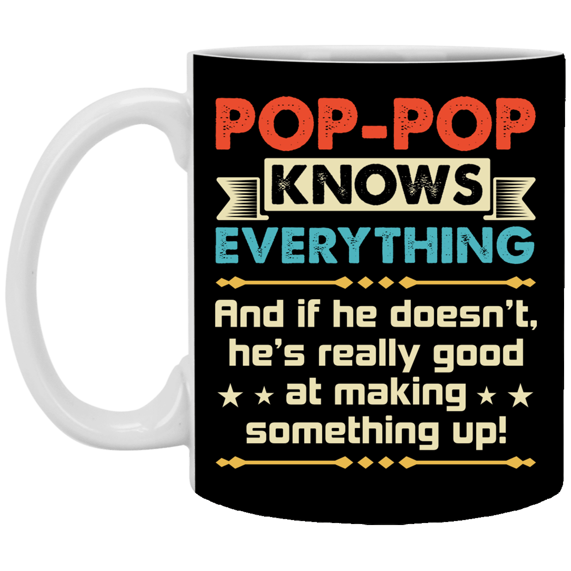 Pop-pop Knows Everything Gift For Grandpa Ceramic Coffee Mug - Water Bottle, Black, 11 oz. White Mug Pop-pop Knows Everything Gift For Grandpa Ceramic Coffee Mug - Water Bottle, Black, 11 oz. White Mug
