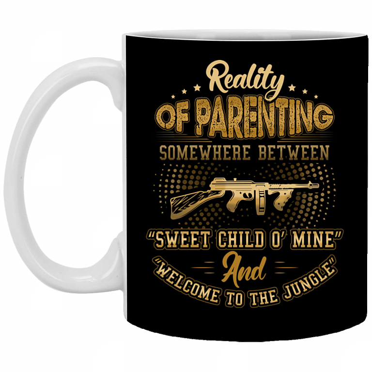 Reality of Parenting Somewhere Between Sweet Child Ceramic Coffee Mug - Water Bottle - Color Changing Mug, Black, 11 oz. White Mug