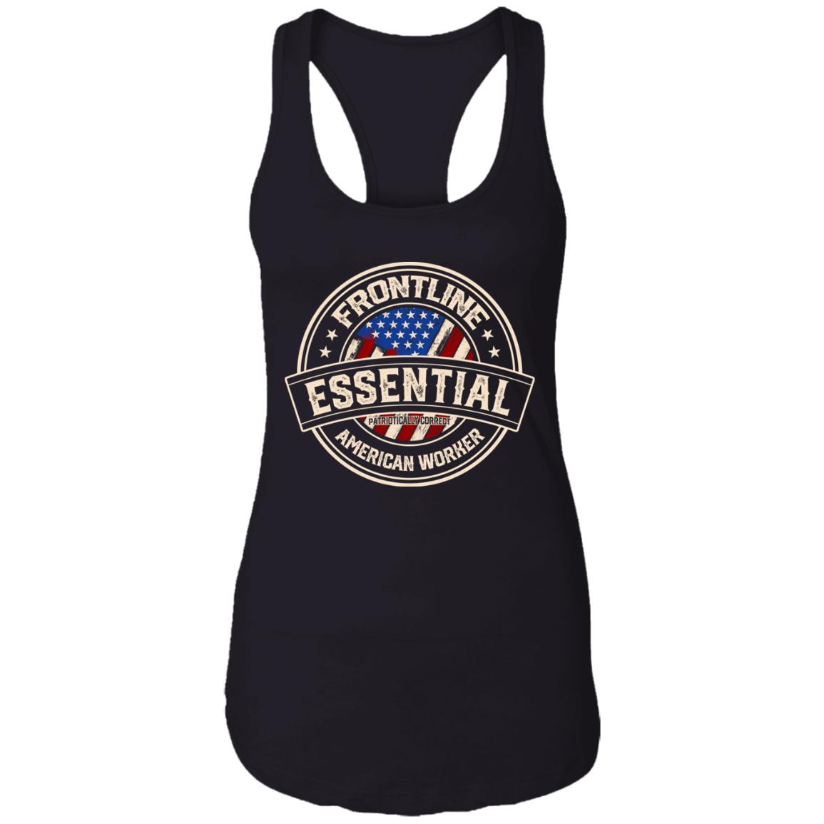 Frontline Essential Patriotically Correct American Worker Cotton Tank Top Tee - Ladies Racerback Tank, Black, Ladies Racerback Tank