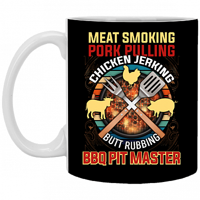 Meat Smoking Pork Pulling Chicken Jerking Butt Rubbing Bbq Pit Master Ceramic Coffee Mug - Water Bottle, Black, 11 oz. White Mug