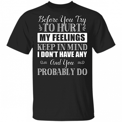 Before You Try To Hurt My Feelings Keep In Mind I Don't Have Any T-Shirt - Sarcastic Humor Novelty Shirt, Black, Unisex T-Shirt