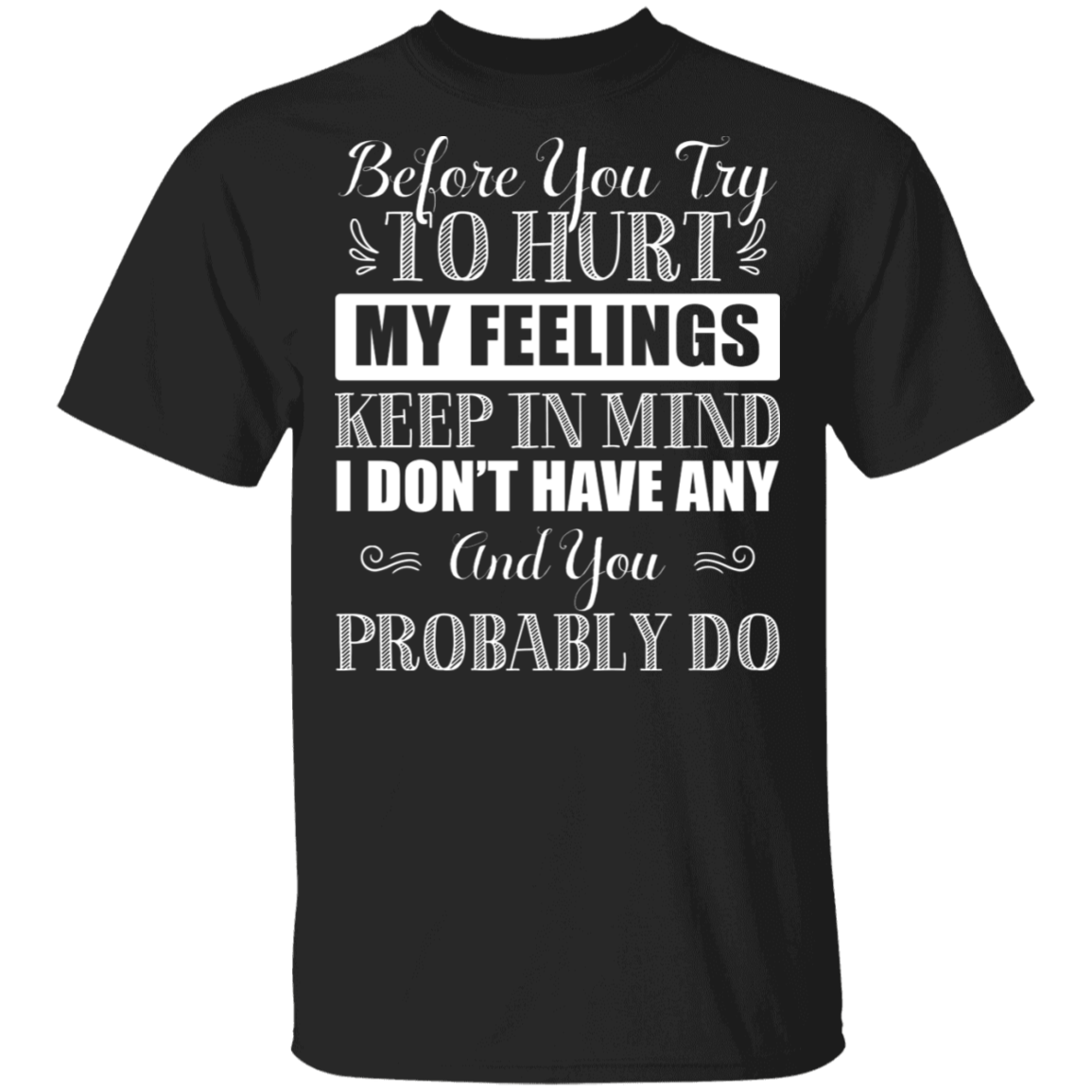 Before You Try To Hurt My Feelings Keep In Mind I Don't Have Any T-Shirt - Sarcastic Humor Novelty Shirt, Black, Unisex T-Shirt