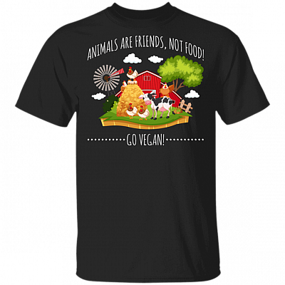 Animals Are Friends Not Food Go Vegan T-Shirt - Funny Vegan and Vegetarian Shirt, Black, Unisex T-Shirt