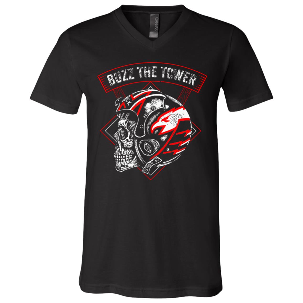 Maverick Buzz The Tower Skull Pilot Helmet T-Shirt, Black, V-Neck T-Shirt