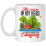 The Voices In My Head Keep Telling Me To Go Camping Ceramic Coffee Mug - Beer Stein - Water Bottle - Color Changing Mug, White, 11 oz. White Mug