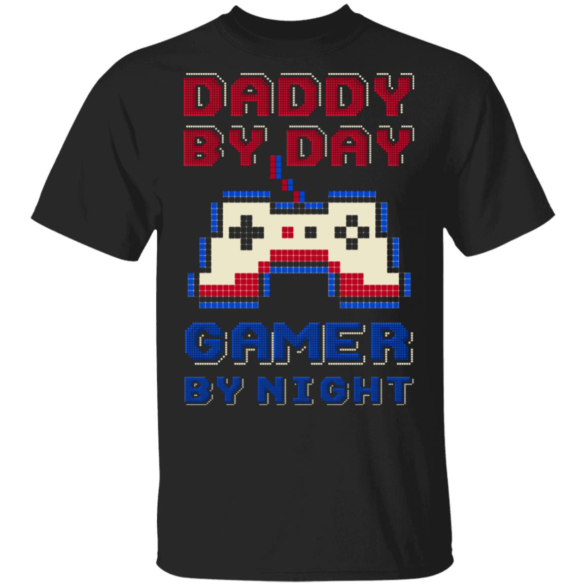 Daddy by Day Gamer by Night Funny Father 8-Bit Vintage T-Shirt, Black, Unisex T-Shirt