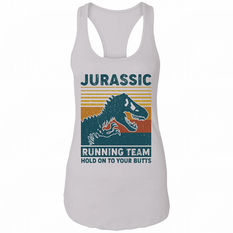 Jurassic Running Team Cotton Tank Top Tee - Ladies Racerback Tank - Funny Running Shirt, White, Ladies Racerback Tank