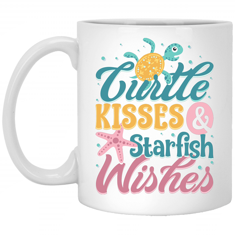 Turtle Kisses and Starfish Wishes Coffee Mug - Travel Mug - Water Bottle, White, 11 oz. White Mug