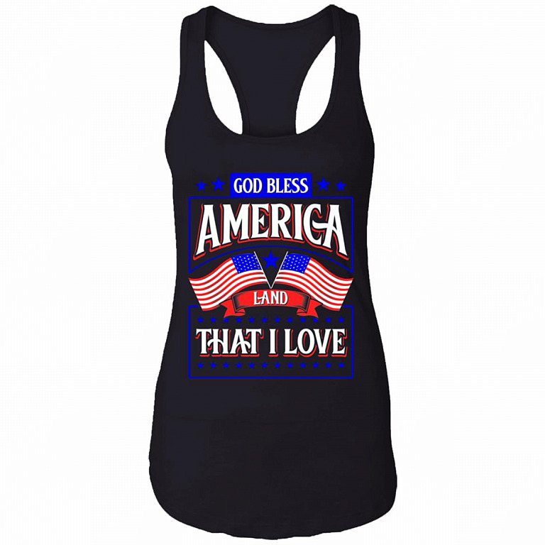 God Bless America Land That I Love Cotton Tank Top Tee - Patriotic July 4th Ladies Racerback Tank, Black, Ladies Racerback Tank