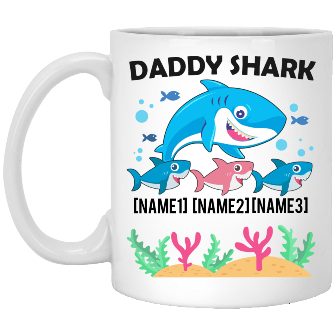 Personalized Daddy Shark With 3 Kids Ceramic Coffee Mug - Beer Stein - Water Bottle - Dad Shark Gifts, White, 11 oz. White Mug Personalized Daddy Shark With 3 Kids Ceramic Coffee Mug - Beer Stein - Water Bottle - Dad Shark Gifts, White, 11 oz. White Mug