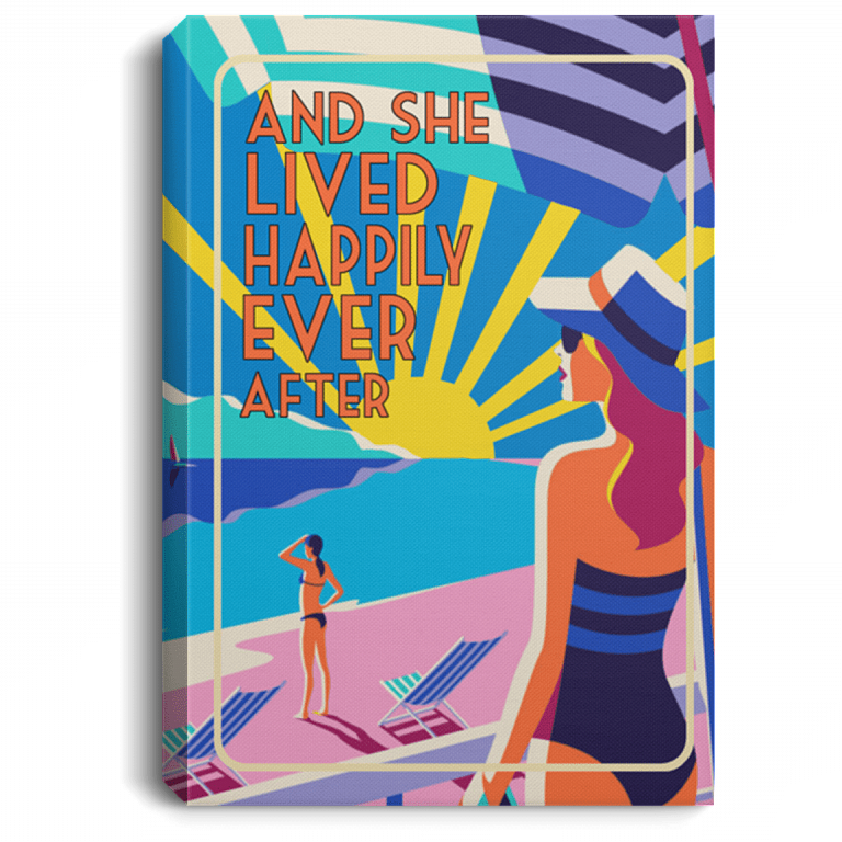 She Lived Happily Ever After Framed Canvas Unframed Poster - Funny Beach Sand Sunshine Girl Wall Art Decor, White, 0.75'' Framed Canvas