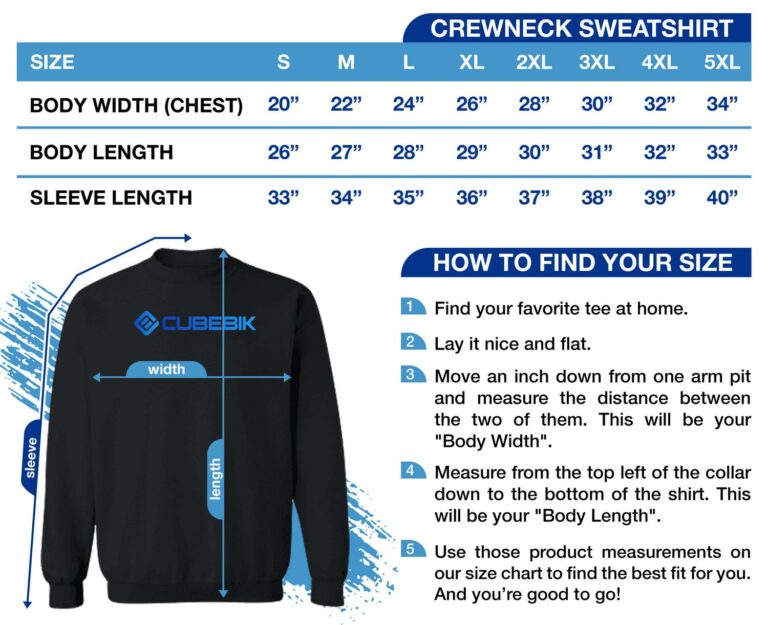 CubeBik Crewneck Sweatshirt Size Chart