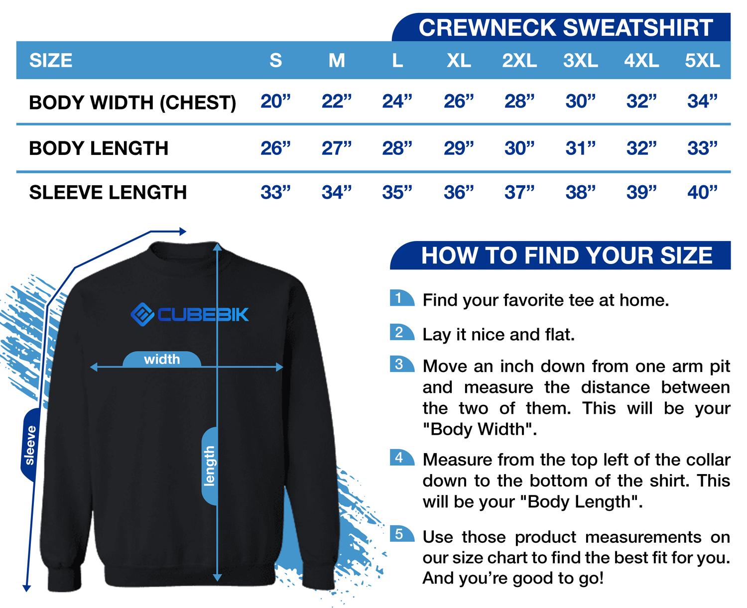 CubeBik Crewneck Sweatshirt Size Chart