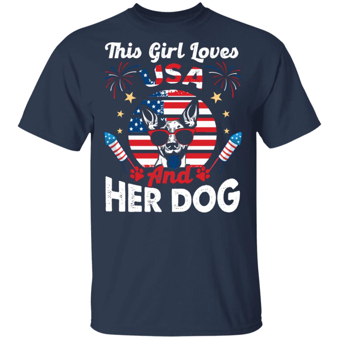 This Girl Loves USA and Her Dog T-Shirt - V-Neck Tee - Dog 4th of July Shirt, Navy, Unisex T-Shirt