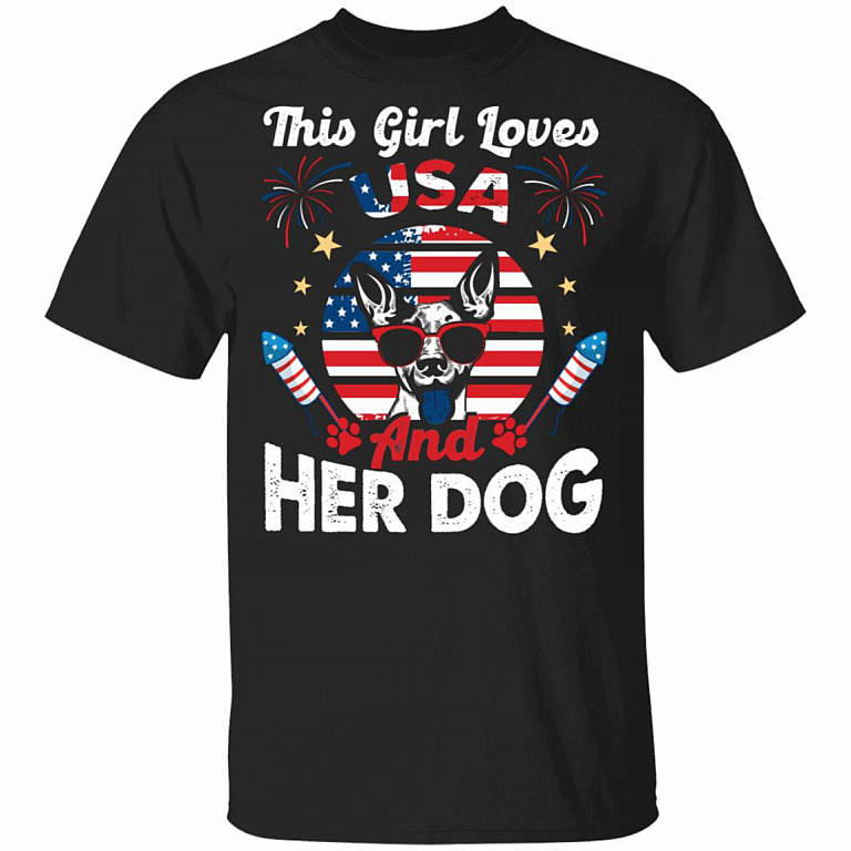 This Girl Loves USA and Her Dog T-Shirt - V-Neck Tee - Dog 4th of July Shirt, Black, Unisex T-Shirt