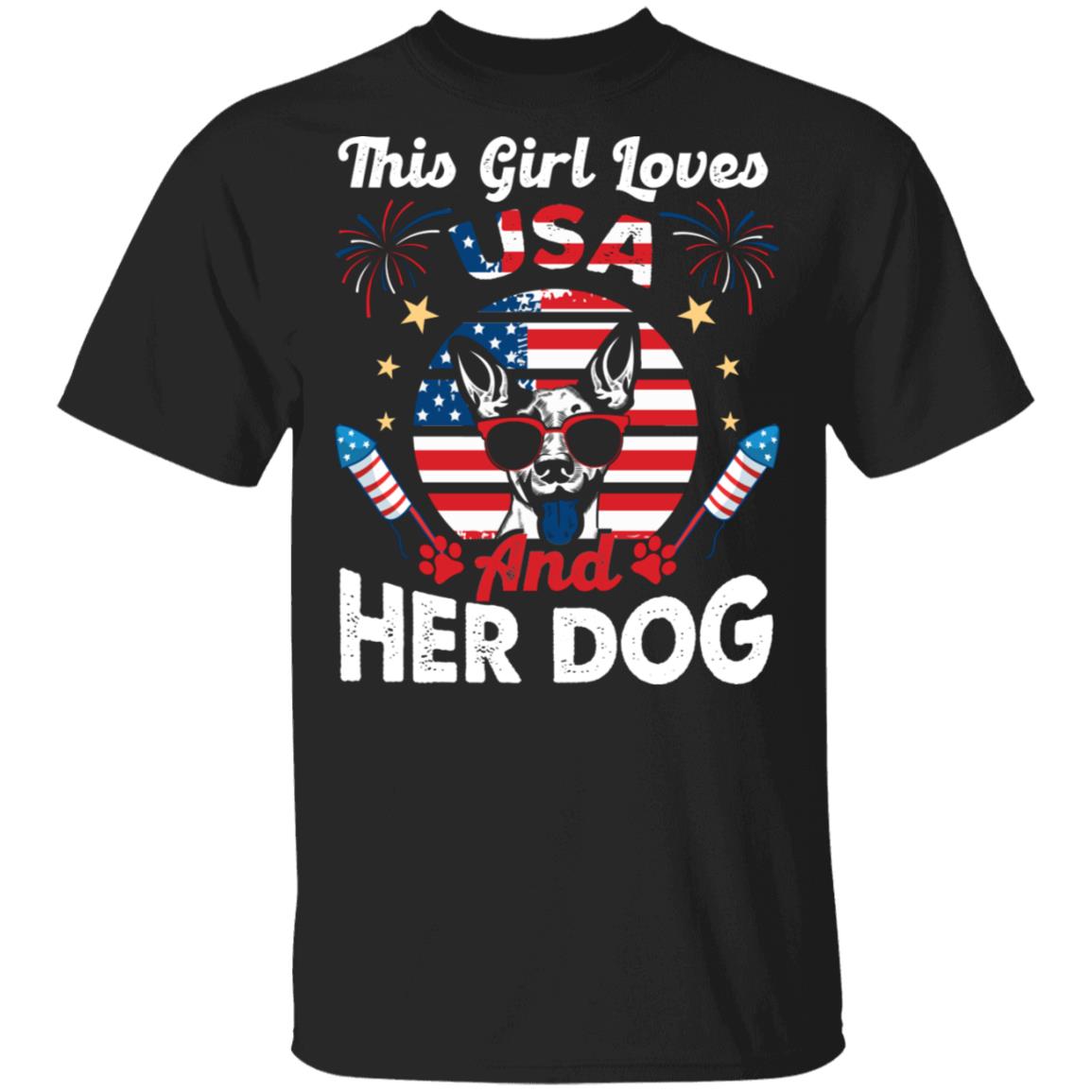 This Girl Loves USA and Her Dog T-Shirt - V-Neck Tee - Dog 4th of July Shirt, Black, Unisex T-Shirt