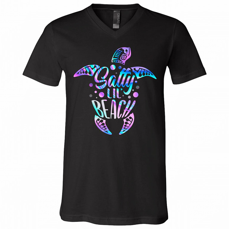 Salty Lil Beach Funny Turtle T-Shirt - V-Neck - Turtle Lover Shirt, Black, V-Neck T-Shirt