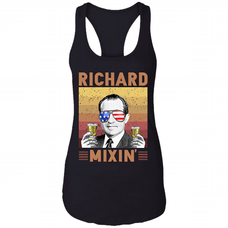 Vintage Richard Mixin' 4th Of July US President Drinking Team Cotton Tank Top - Racerback Tank, Black, Ladies Racerback Tank