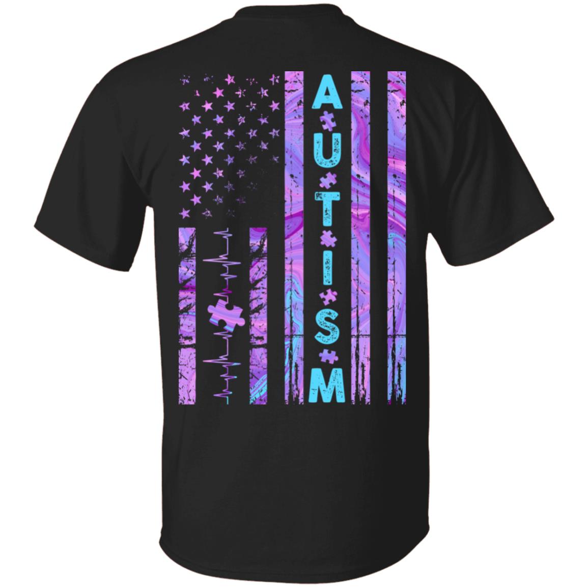 Autism American Flag Print On Back Only - Plain Front T-Shirt - Autism Awareness Shirt, Black, Unisex T-Shirt