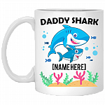 Personalized Daddy Shark With 1 Kid Ceramic Coffee Mug - Beer Stein - Water Bottle - Dad Shark Gifts, White, 11 oz. White Mug