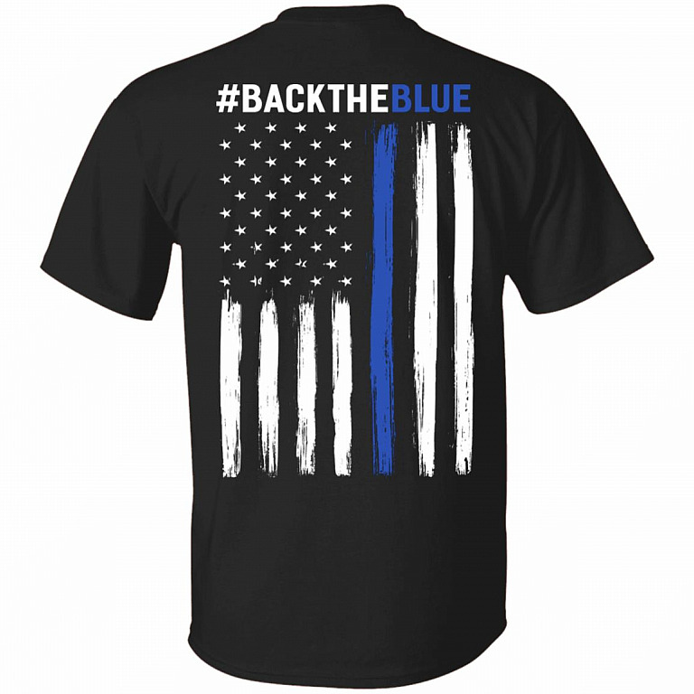 Back The Blue Print On Back T-Shirt - Thin Blue Line Flag Shirt - Plain Front Shirt, Black, Unisex T-Shirt