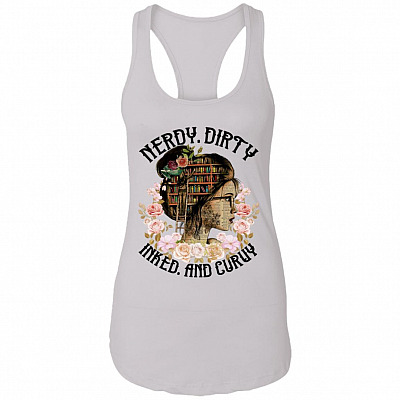 Nerdy Dirty Inked and Curvy - Tattoo Book Lover Tank Top Tee - Ladies Racerback Tank, White, Ladies Racerback Tank