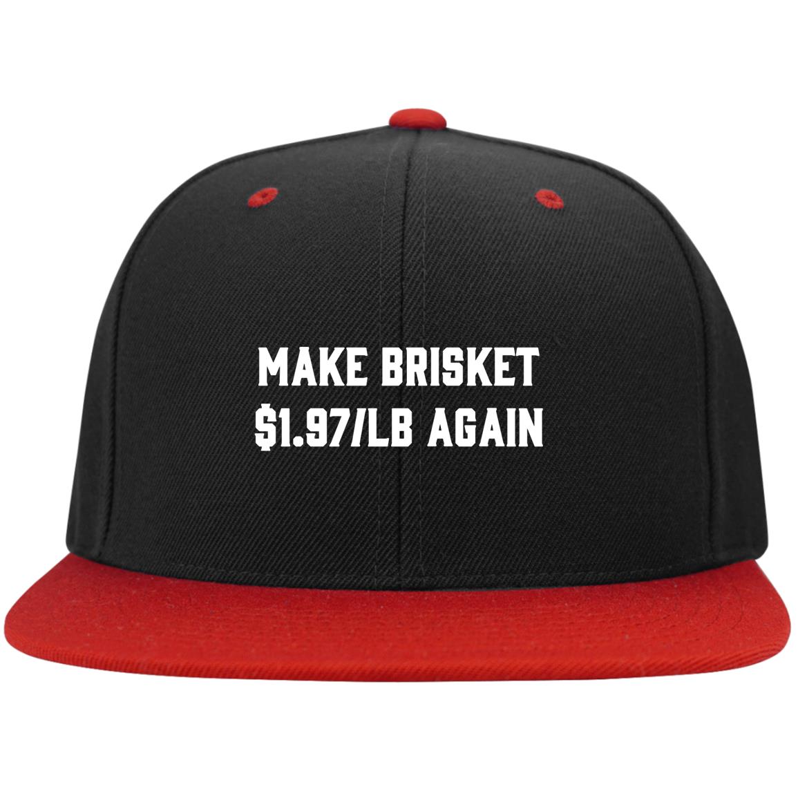 Make Brisket $1.97/LB Again Twill Cap - High-Profile Snapback Hat - Trucker Hat - Beanie - Knit Cap, Black/True Red, Flat Bill Premium Snapback