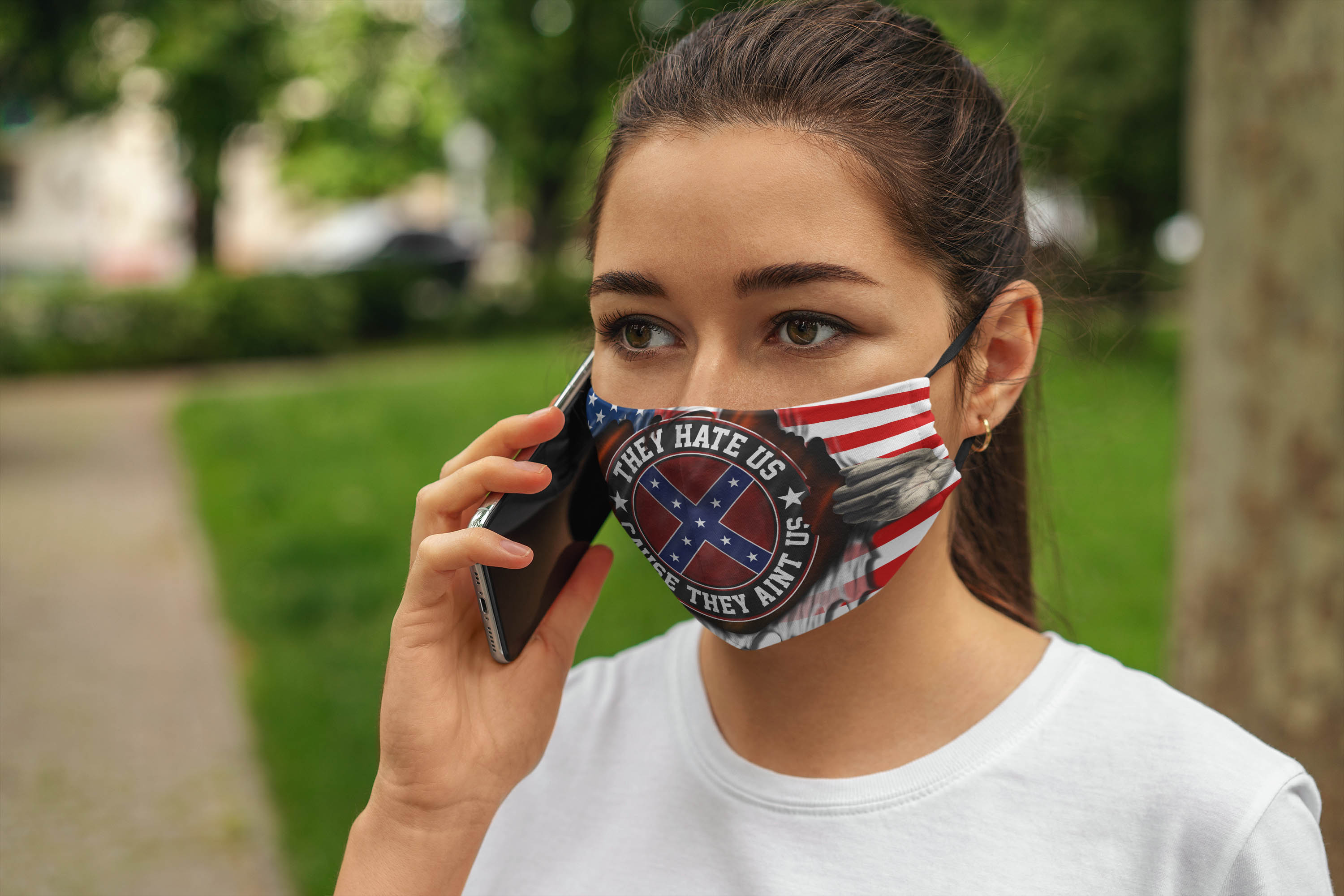 American Confederate Flag They Hate Us Cause They Ain't Us 4th July Washable Reusable Custom – Printed Cloth Face Mask Cover Woman Mockup American Confederate Flag They Hate Us Cause They Ain't Us 4th July Washable Reusable Custom – Printed Cloth Face Mask Cover Woman Mockup
