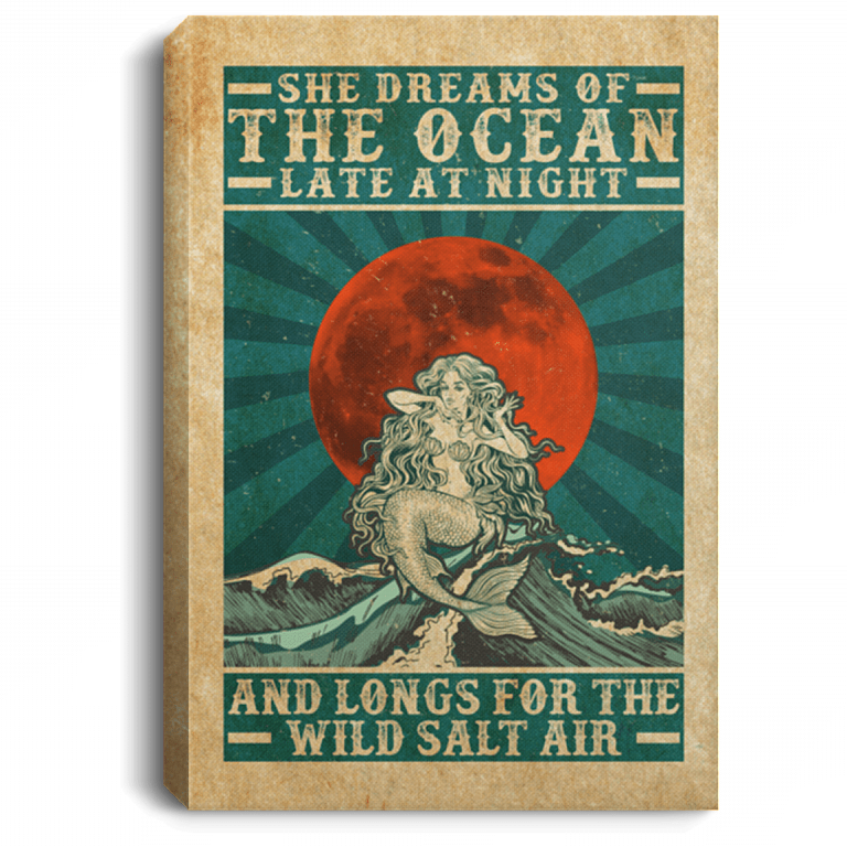 She Dreams Of The Ocean Late At Night Mermaid Framed Canvas Prints - Unframed Poster - Home Decor Wall Art, White, 0.75'' Framed Canvas