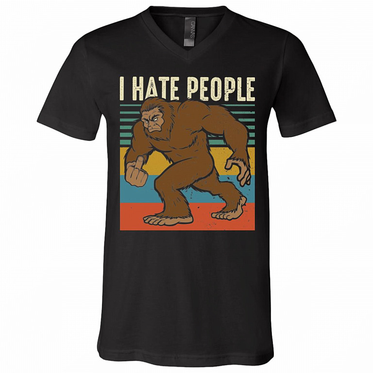 I Hate People Bigfoot Middle Finger T-Shirt - V-Neck Shirt, Black, V-Neck T-Shirt