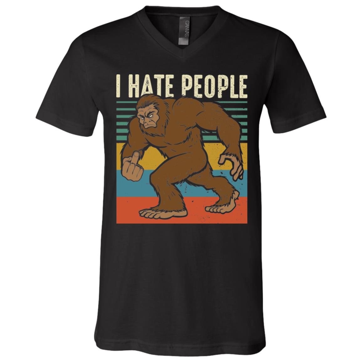 I Hate People Bigfoot Middle Finger T-Shirt - V-Neck Shirt, Black, V-Neck T-Shirt