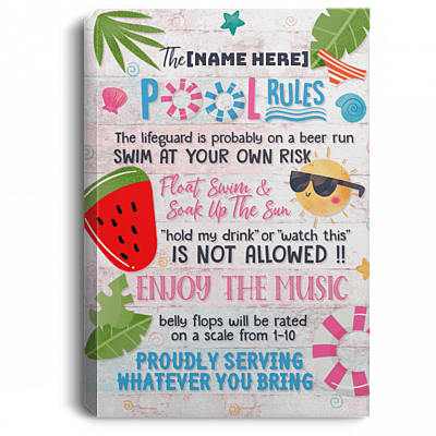 Personalized the Pool Rules the Lifeguard Is Probably on a Beer Run Framed Canvas - Unframed Poster, White, 0.75'' Framed Canvas