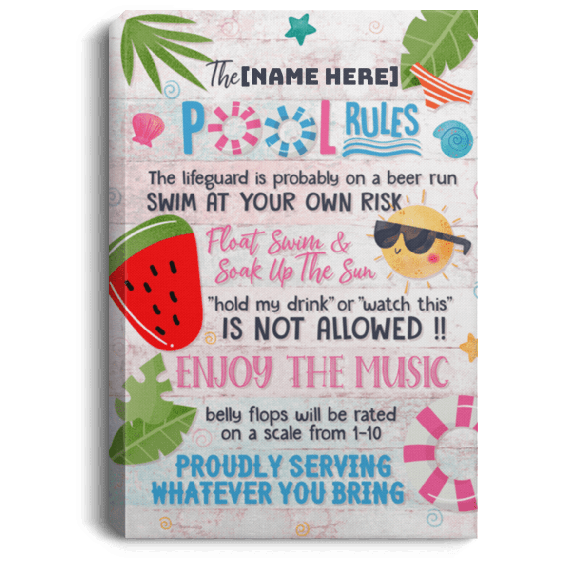 Personalized the Pool Rules the Lifeguard Is Probably on a Beer Run Framed Canvas - Unframed Poster, White, 0.75'' Framed Canvas