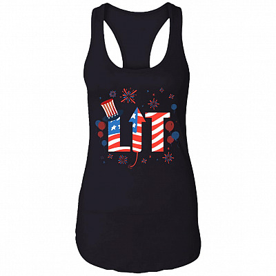 Lit Tank Top Funny 4th Of July Tank Top American Flag Tank Top - Fireworks Firecracker Tank Top, Black, Ladies Racerback Tank