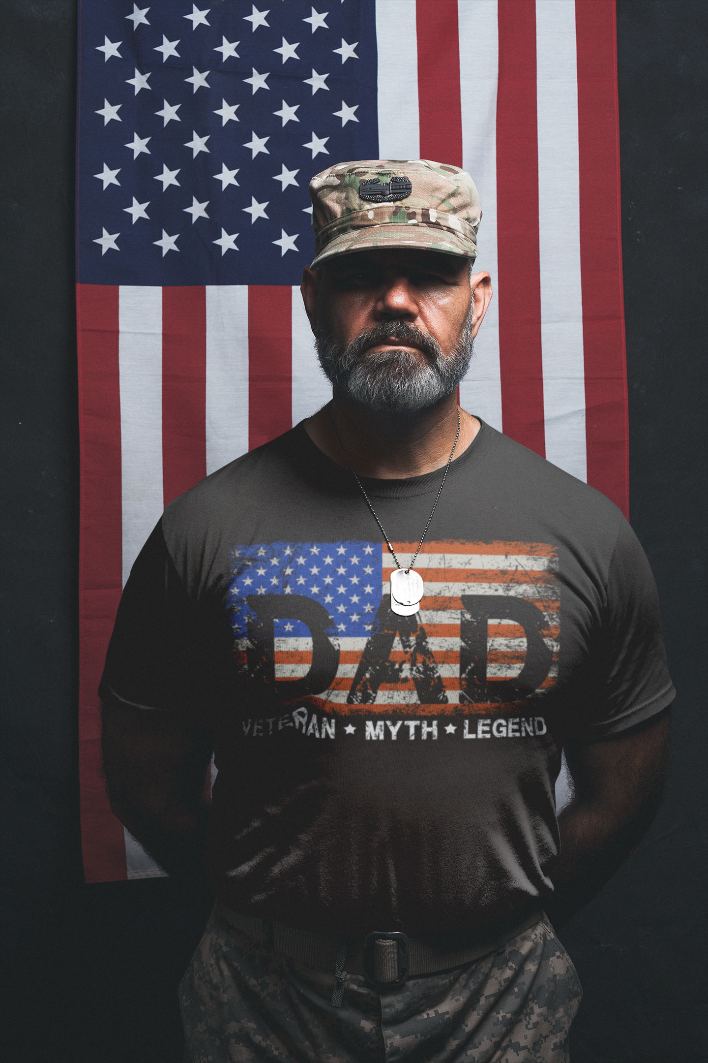 Proud Veteran Dad Man Myth Legend Patriotic America Flag T-Shirt - Cool Dad Veteran Father's Day Gift T-Shirt-mockup-of-a-veteran-soldier-wearing-a-t-shirt-in-parade-rest-position