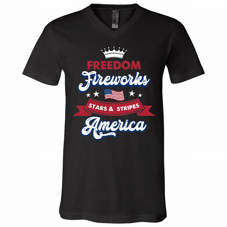 Freedom Fireworks Stars and Stripes 4th Of July T-Shirt - V-Neck Tee, Black, V-Neck T-Shirt