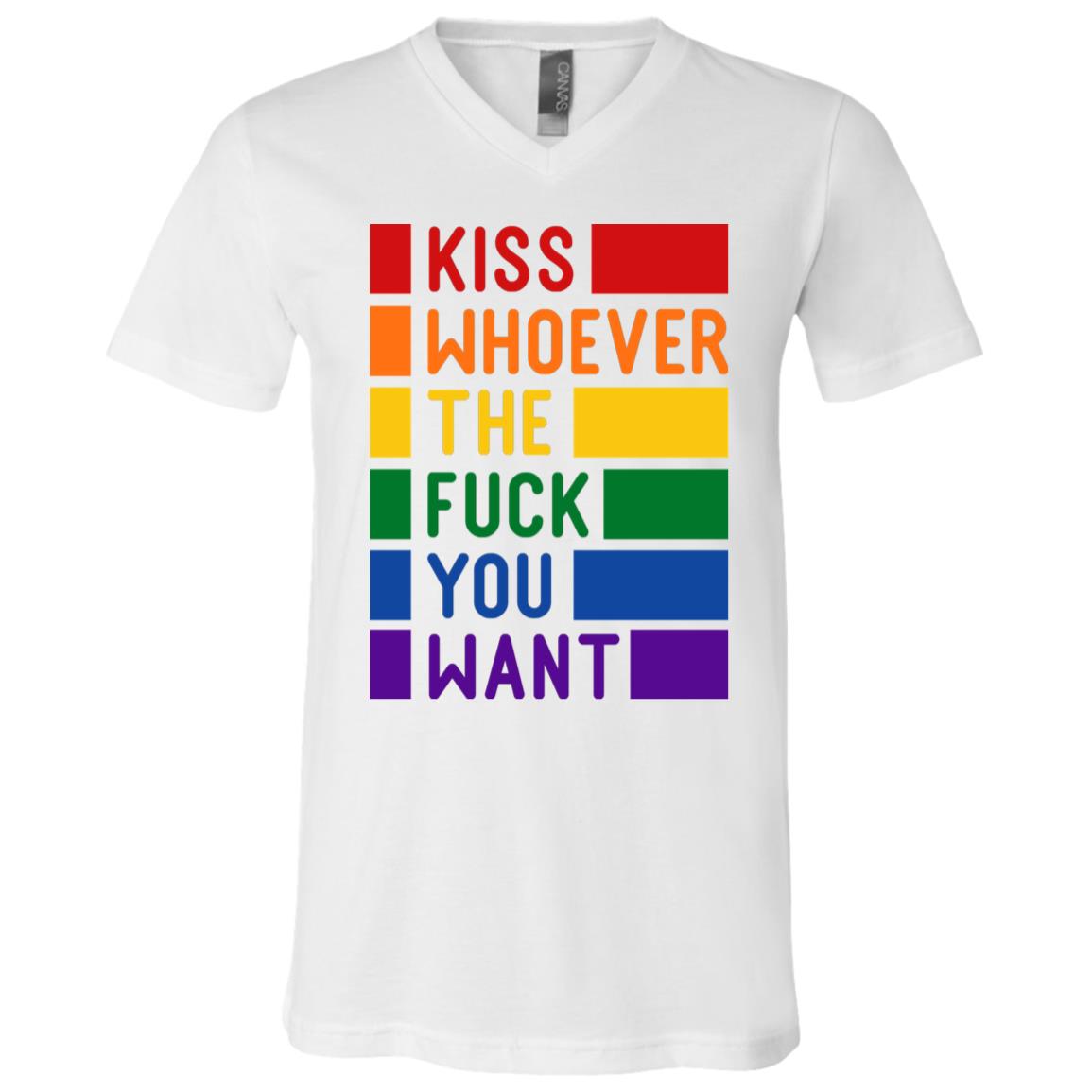 Kiss Whoever The Fck You Want T-Shirt - V-Neck Shirt - LGBT Pride Shirt, White, V-Neck T-Shirt