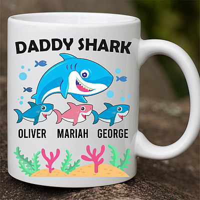 Alternative view of Personalized Daddy Shark With 3 Kids Ceramic Coffee Mug - Beer Stein - Water Bottle - Dad Shark Gifts