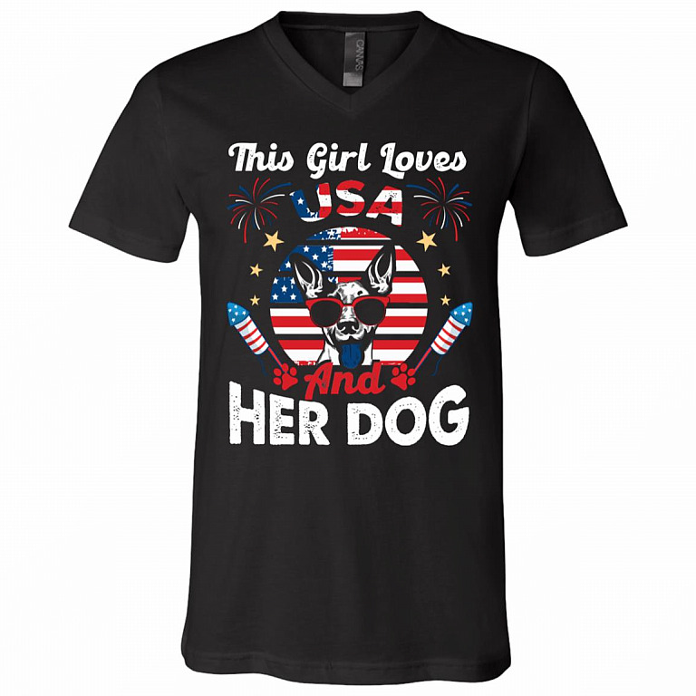 This Girl Loves USA and Her Dog T-Shirt - V-Neck Tee - Dog 4th of July Shirt, Black, V-Neck T-Shirt