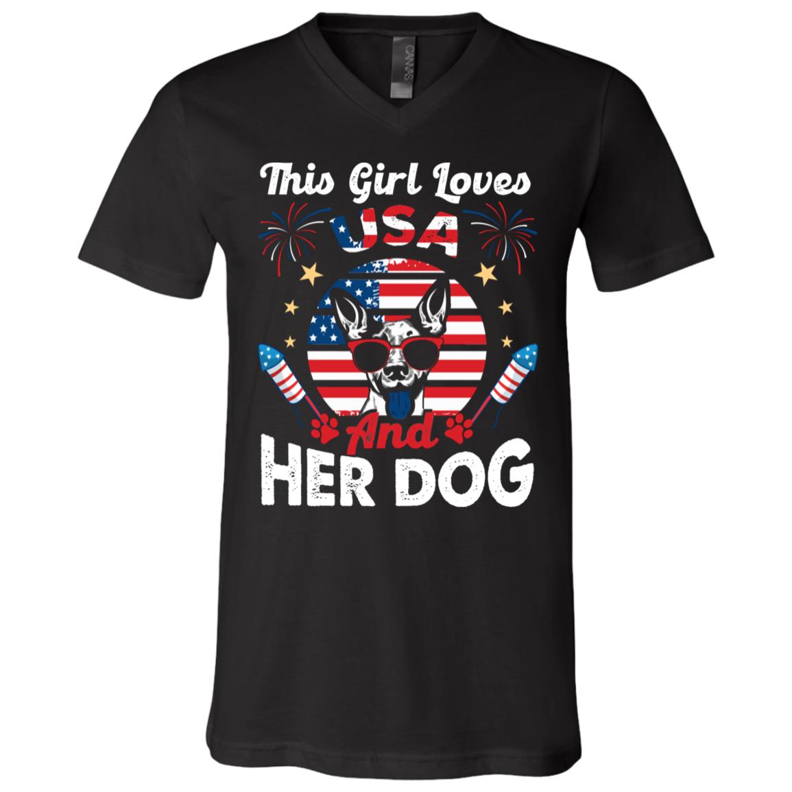 This Girl Loves USA and Her Dog T-Shirt - V-Neck Tee - Dog 4th of July Shirt, Black, V-Neck T-Shirt