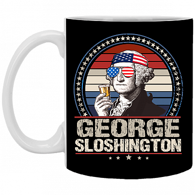 George Sloshington 4th of July Ceramic Coffee Mug - Beer Stein - Water Bottle, Black, 11 oz. White Mug