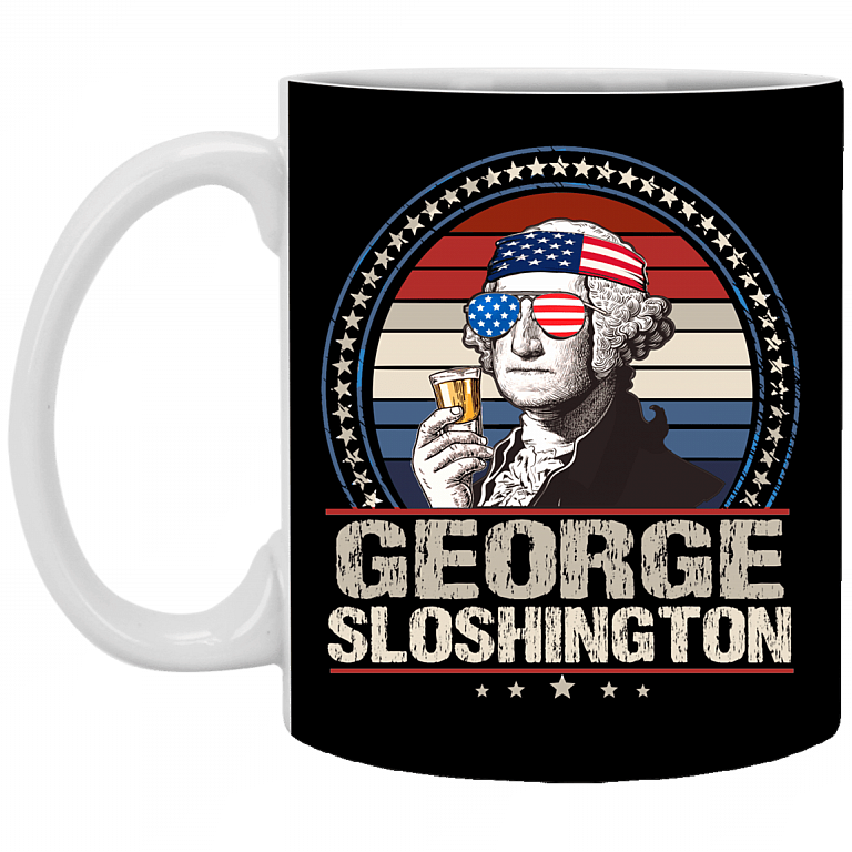 George Sloshington 4th of July Ceramic Coffee Mug - Beer Stein - Water Bottle, Black, 11 oz. White Mug