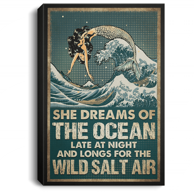 Vintage Mermaid She Dreams of the Ocean Late at Night Framed Canvas - Unframed Poster - Home Decor Wall Art, White, 0.75'' Framed Canvas