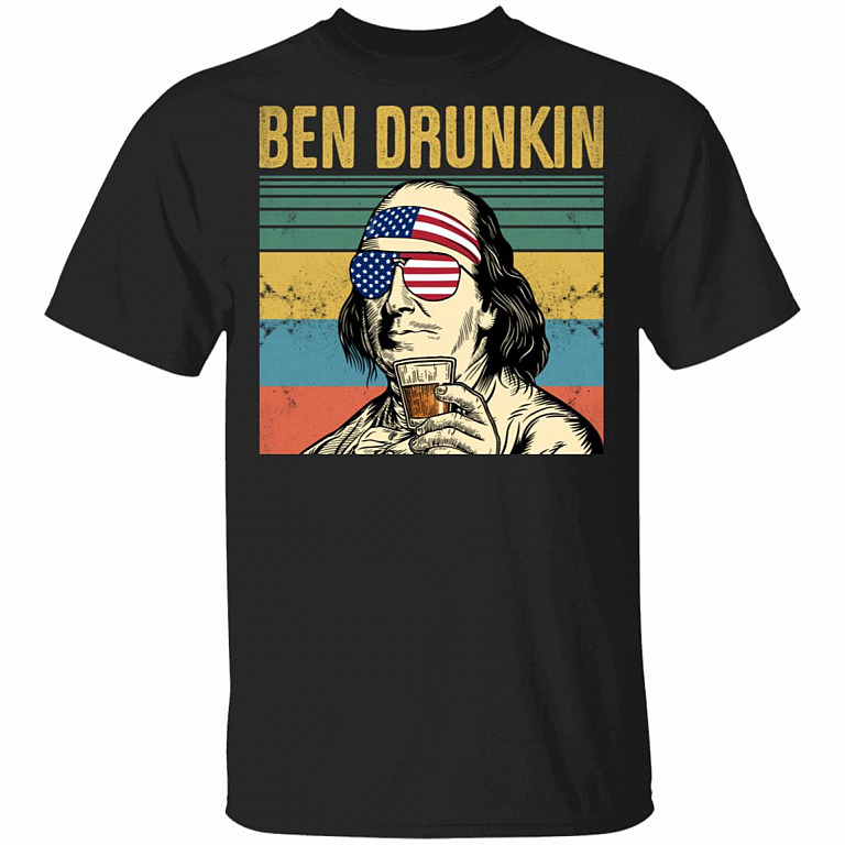 Ben Drunkin Drinking Beer Vintage Retro T-Shirt - Funny Ben Franklin Shirt, Black, Unisex T-Shirt