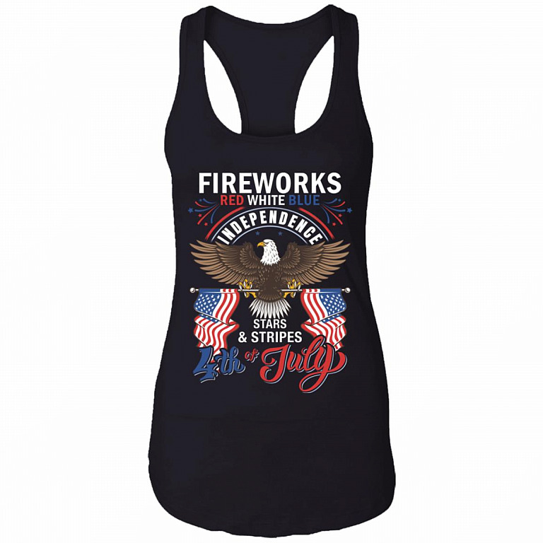 Fireworks Red White Blue Independence Star And Stripes 4th Of July Cotton Tank Top Tee - Racerback Tank, Black, Ladies Racerback Tank
