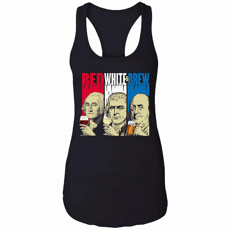 Red White And Brew Drinking Tank Top - 4th of July Tank Top - Funny USA Independence Day American Tank Top, Black, Ladies Racerback Tank